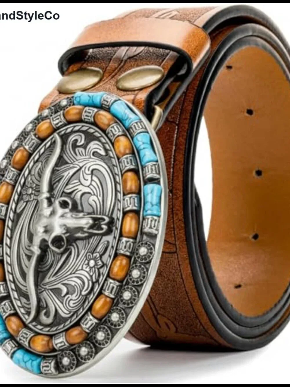 Western Cowboy Leather Belt with Turquoise Buckle for Women